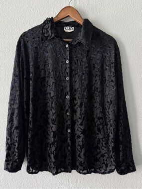 Vintage CLIO Black Sheer Burnout Velvet Button Front Blouse Women’s Large